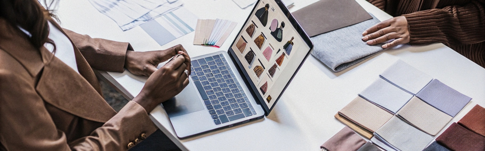 Designers discussing fabrics and sketches with laptop showing garment options.