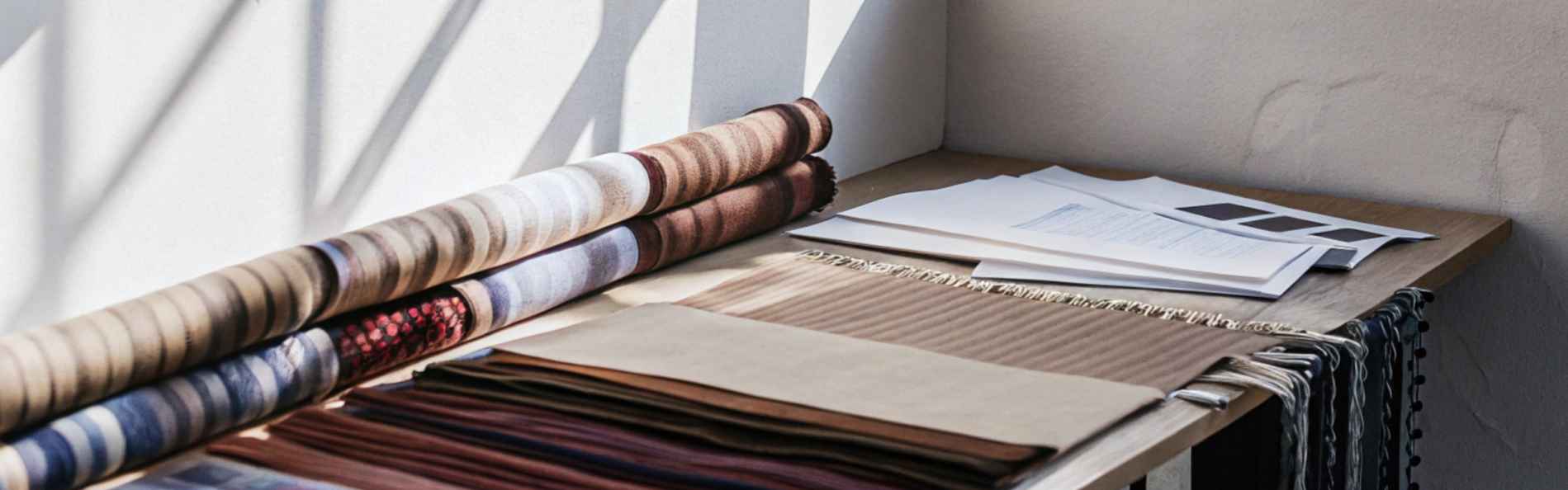 Rolls of fabric and design sketches displayed on a sunlit workspace wall.