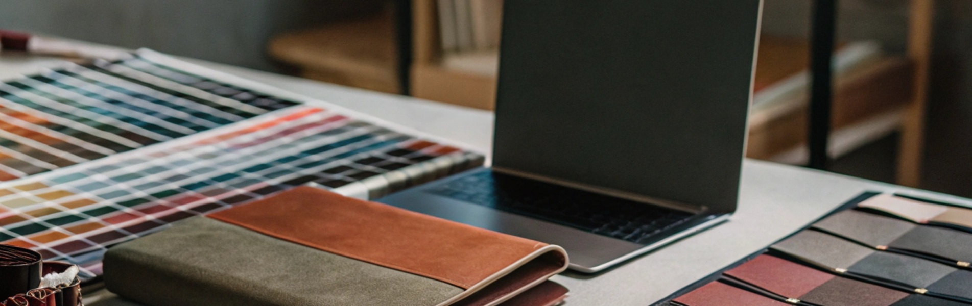 A workspace with fabric swatches, color charts, scissors, and a laptop.