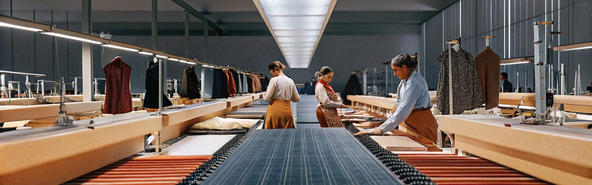 Workers in a textile production facility inspecting and working with fabrics.