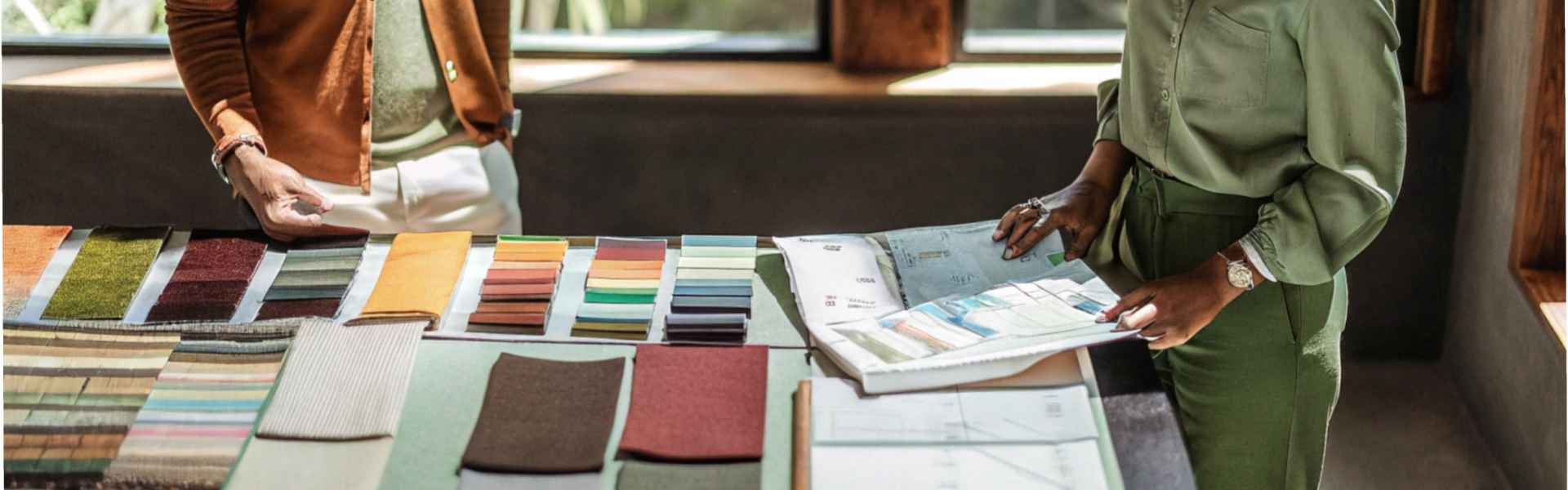 Two individuals examining colorful fabric swatches and design plans on a table.