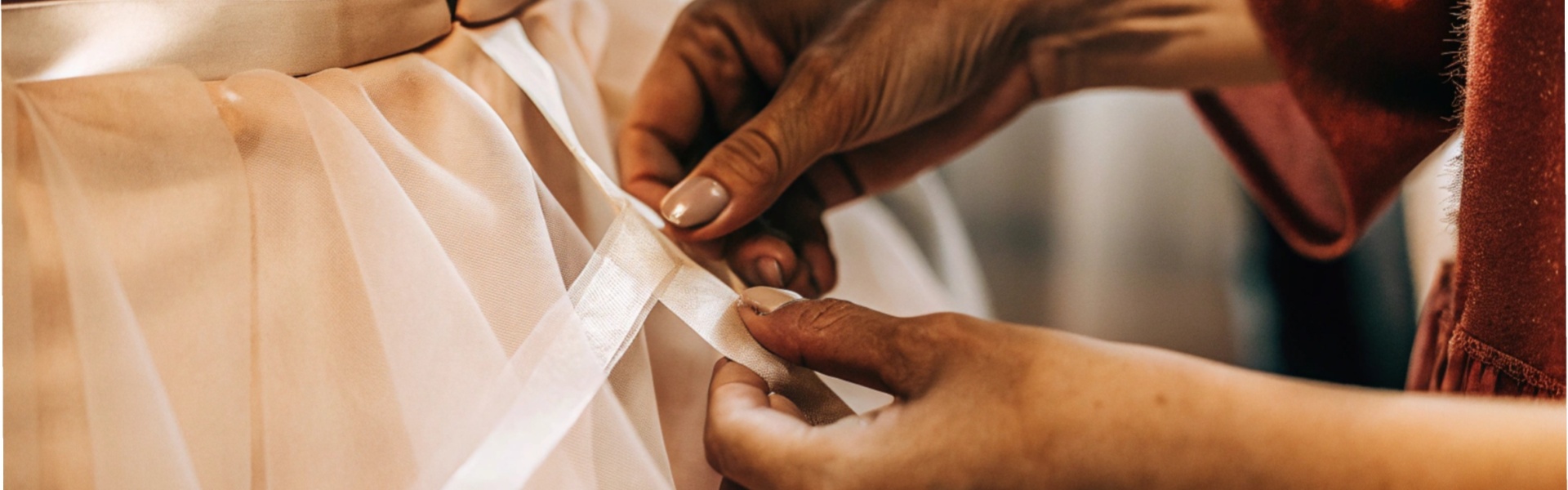 Hands tying satin ribbons on a beige tulle skirt.