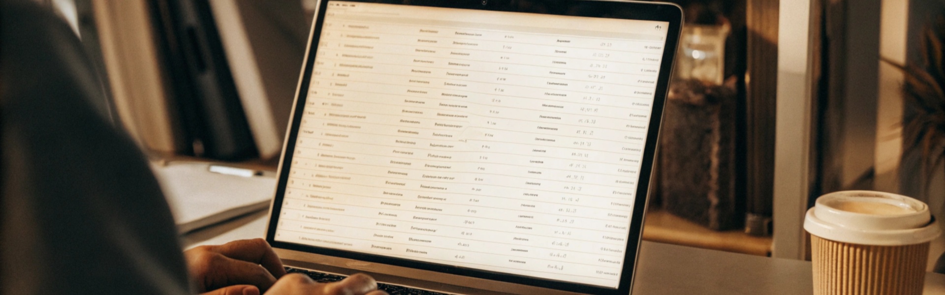 Hands typing on a laptop displaying a spreadsheet, with a coffee cup and phone on the desk.