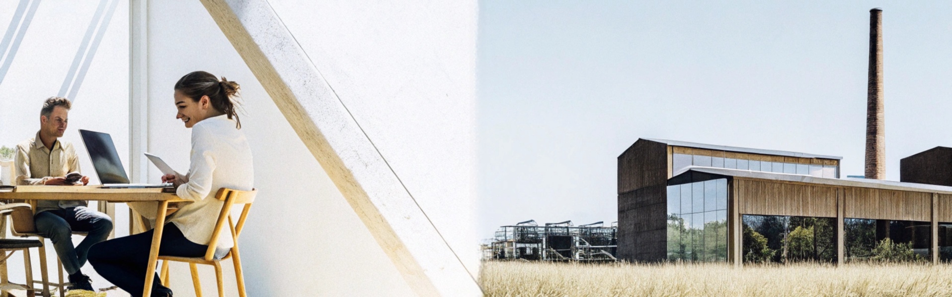 Split image showing people working in a modern, bright office and a factory building with a chimney surrounded by grass.