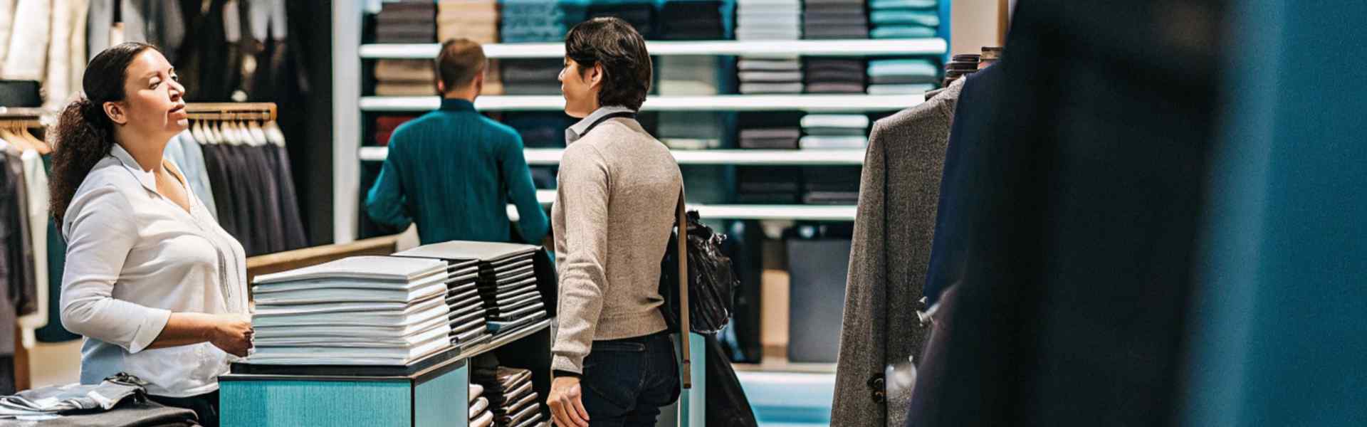 A customer and a staff member discuss clothing options in a modern retail store with neatly folded clothes.