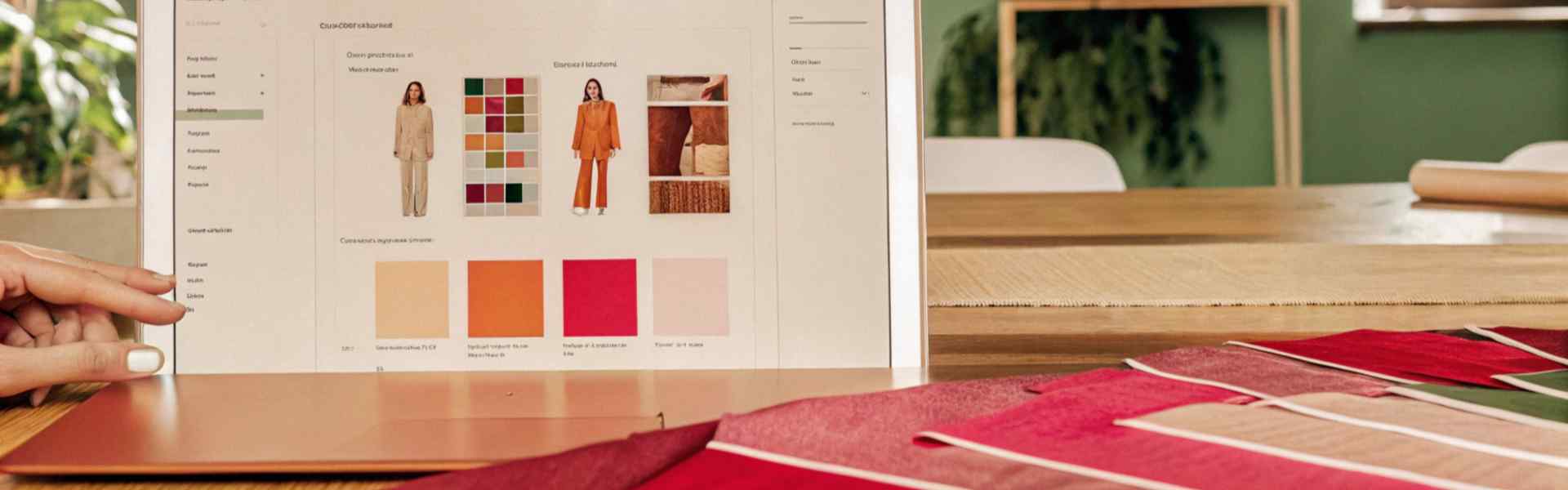 Laptop displaying clothing color palettes and fabric samples on a wooden table.