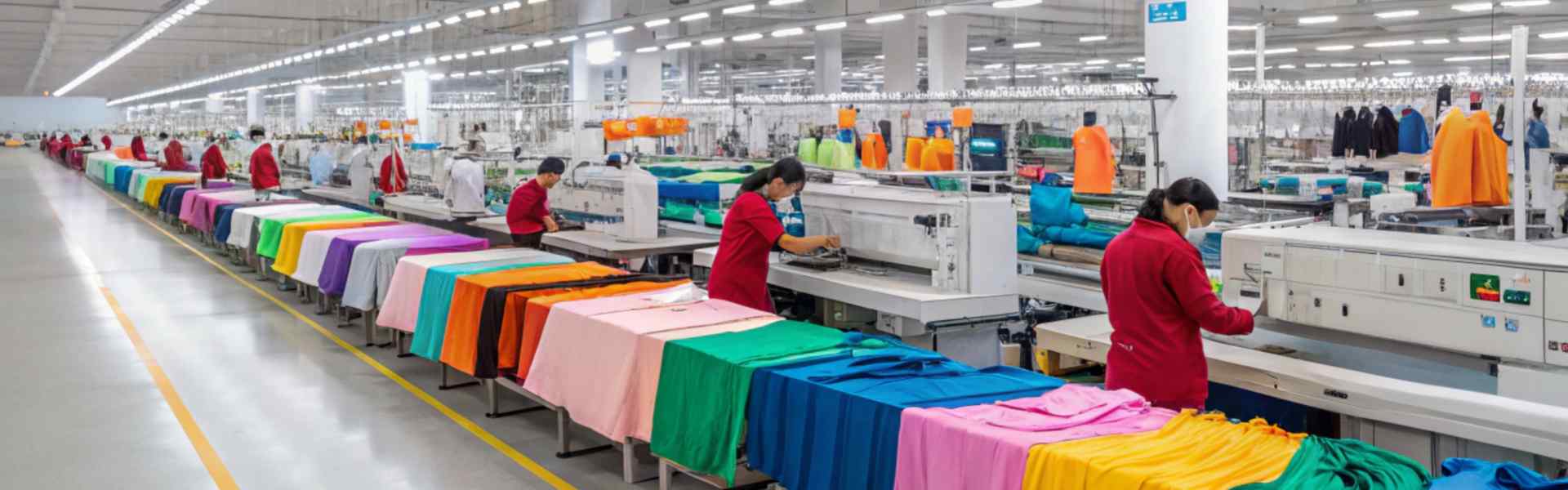 Workers in a brightly lit textile factory operating machines with colorful fabric rolls lined up.