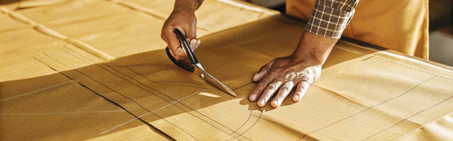 Hands cutting fabric patterns on brown paper with scissors under natural light.