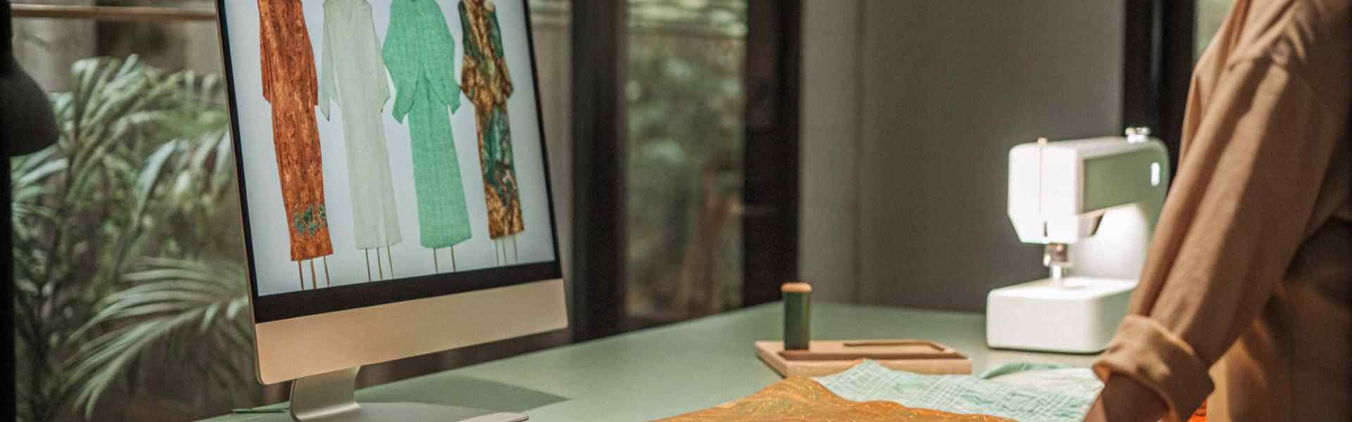 A designer reviewing dress patterns on a computer while working with fabric on a sewing table.