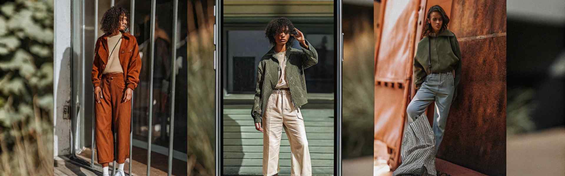 Three stylish outfits displayed, centered on a smartphone screen, highlighting modern urban fashion.