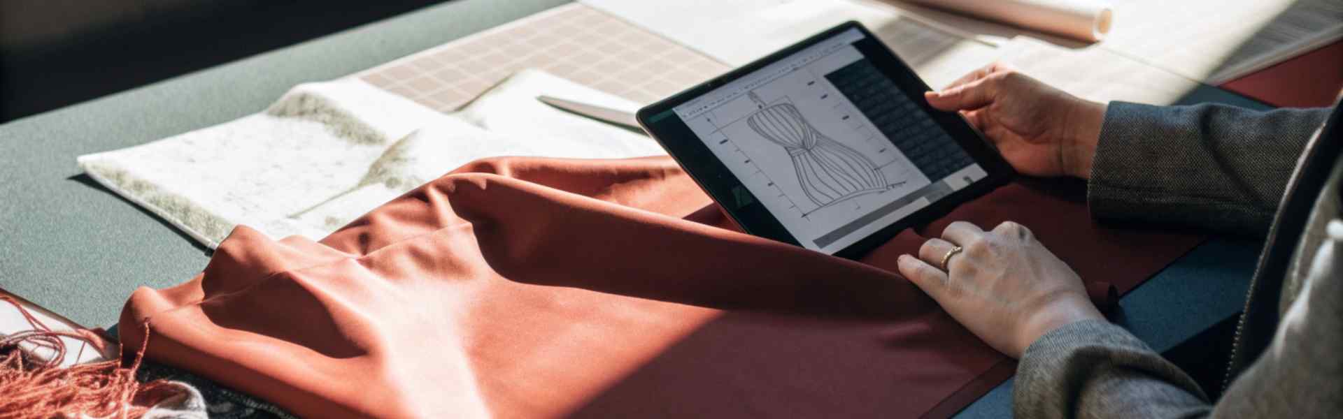 Designer using a tablet for digital dress pattern design with fabric samples on a table.