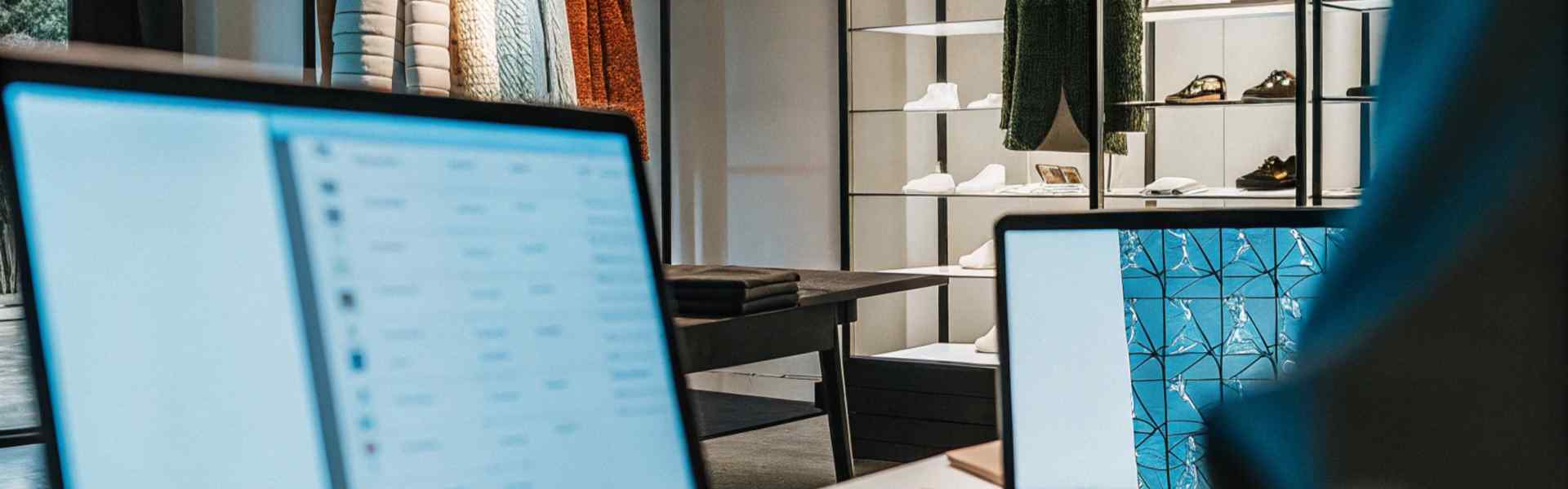 A person working on two laptops in a retail store with clothes and shelves in the background.