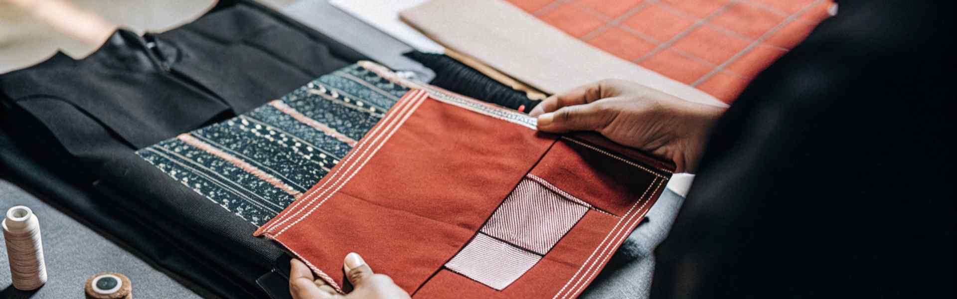 Close-up of hands holding a red fabric patch with detailed stitching on a workspace.