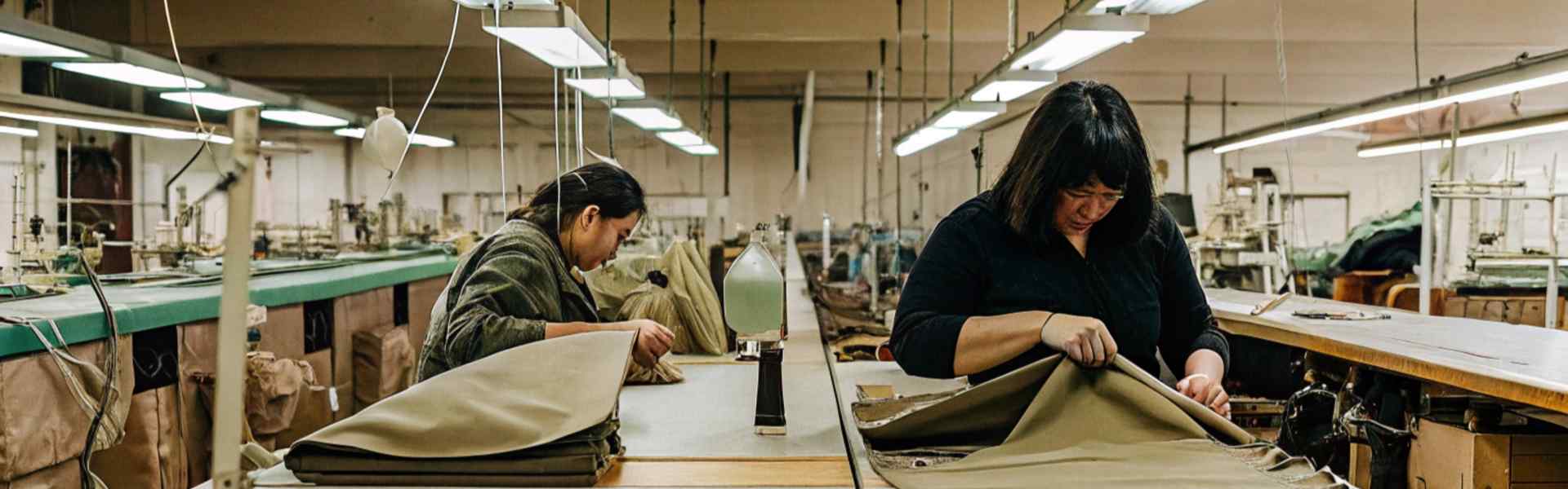 Workers inspecting and preparing fabric pieces at a well-lit textile factory.