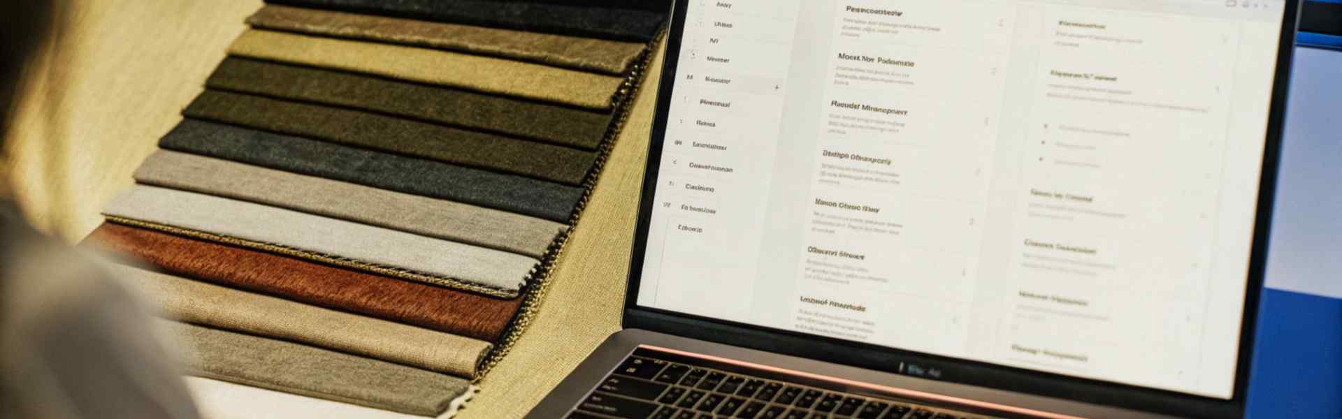 Person browsing fabric samples and material options on a laptop screen.