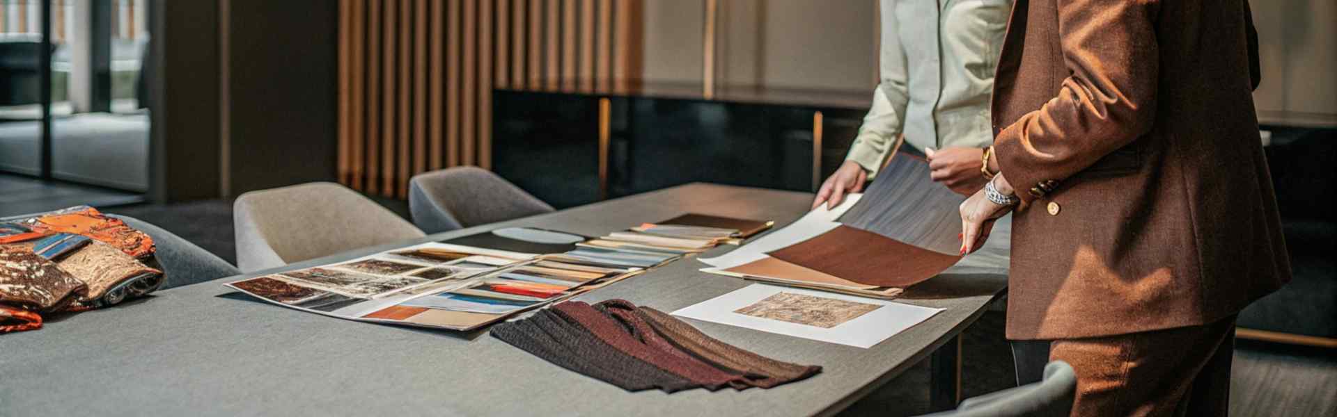 Two professionals evaluating fabric samples and design boards on a conference table.