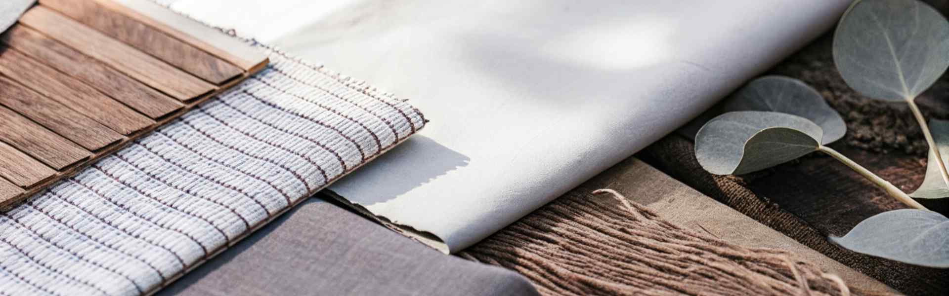 Various fabric samples and wooden materials displayed with eucalyptus leaves.