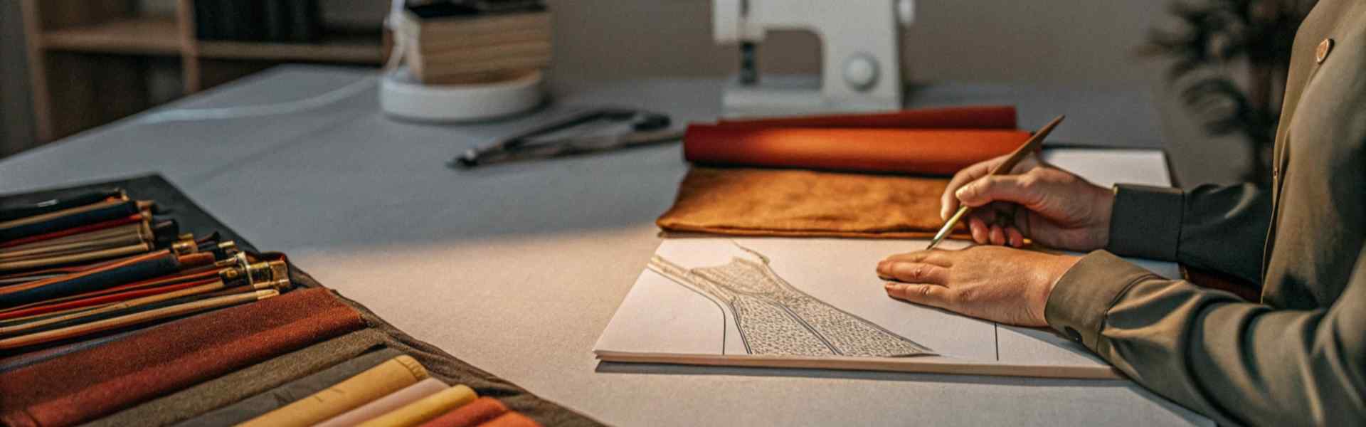 Designer drawing a dress sketch on a table with fabric swatches and sewing tools nearby.