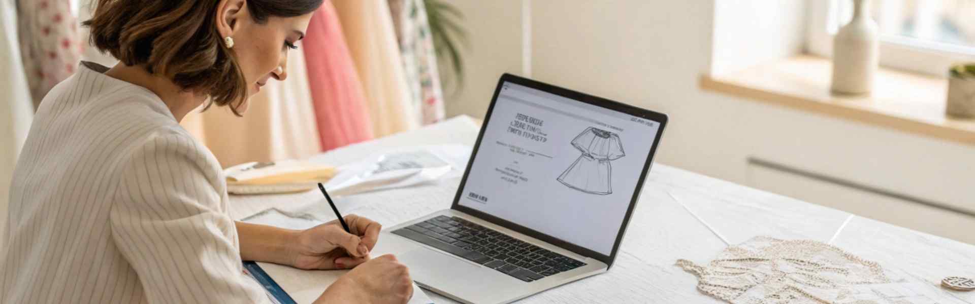 Designer sketching on paper at a desk with a laptop, surrounded by fabric samples and coffee.