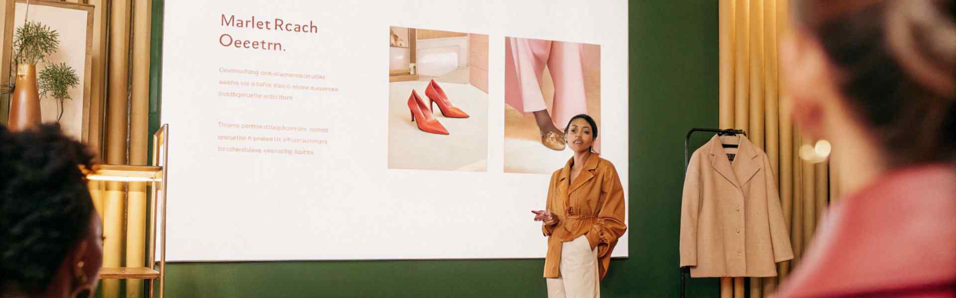 A presenter discussing fashion designs with a slide showing red heels and clothing items in a stylish room.