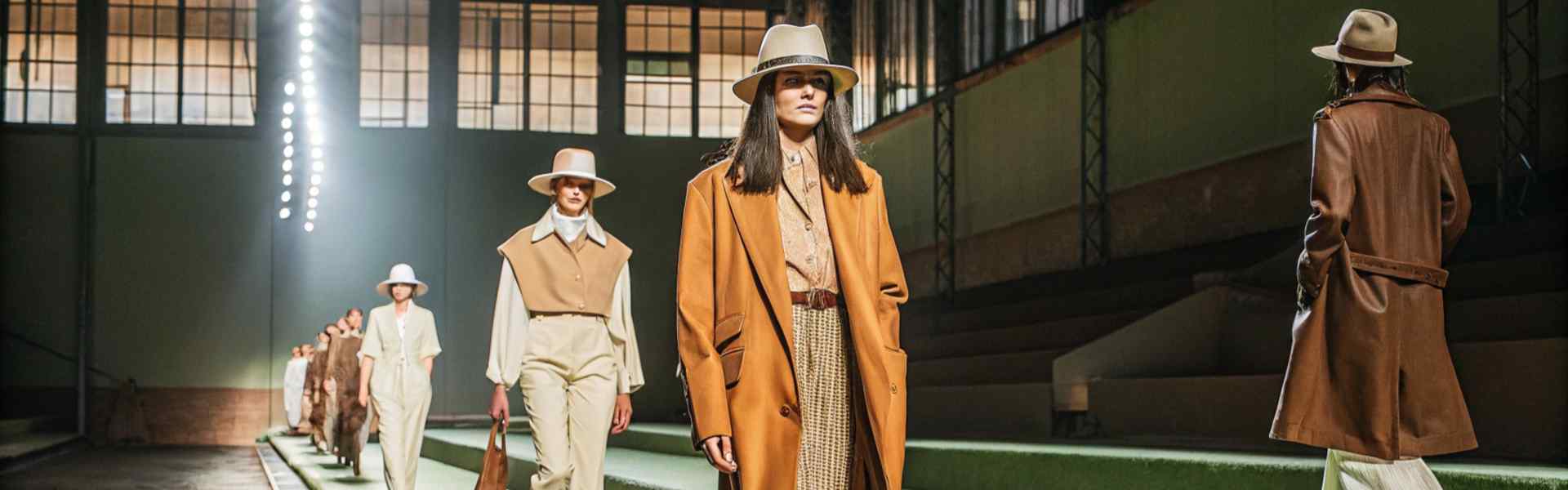 Models walking on a runway wearing elegant neutral-toned outfits and hats.