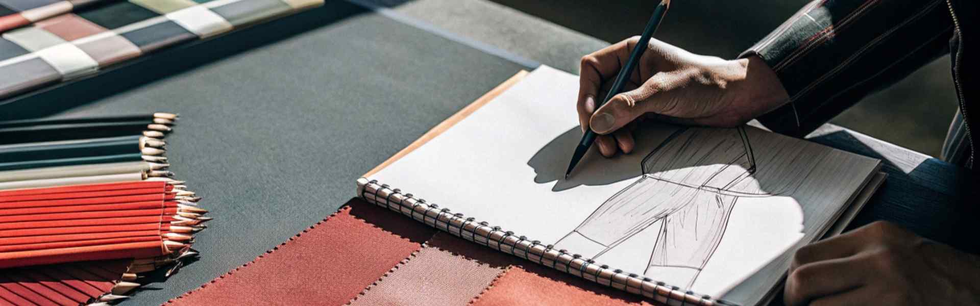 A designer sketching clothing designs on a notepad surrounded by colorful fabric swatches and pencils.