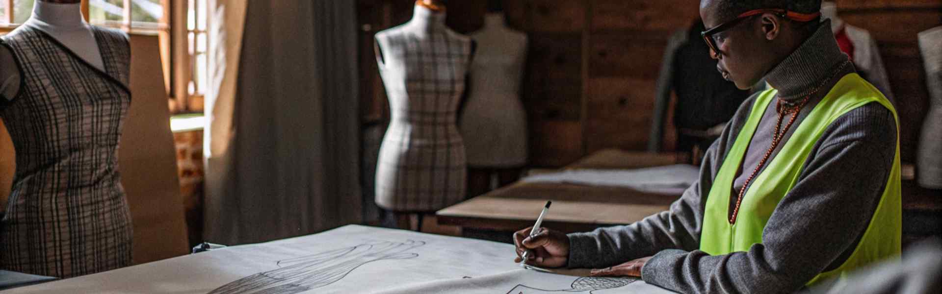 A designer in a neon vest sketches dress patterns on a large sheet in a workshop filled with dress forms.