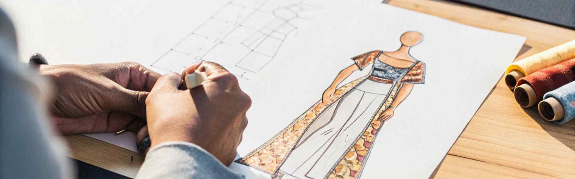 Designer sketching a detailed outfit illustration with colorful fabric rolls and sewing tools.