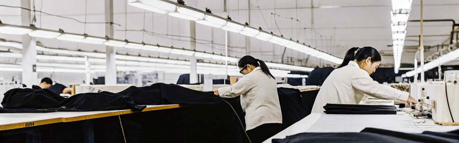 Workers carefully preparing black fabric on assembly tables in a bright factory environment.