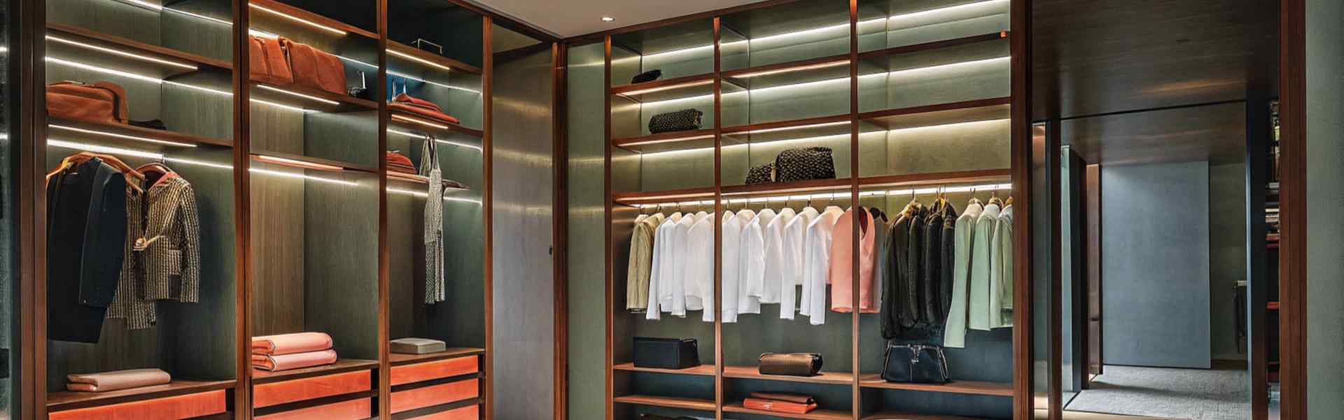 A spacious walk-in closet with wooden shelving, clothing, and accessories.