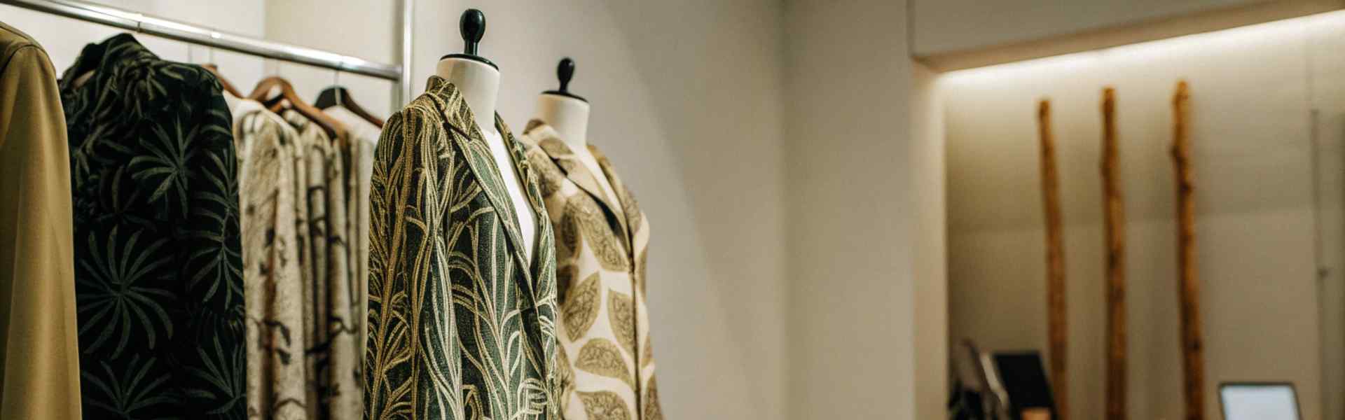 Mannequins dressed in botanical print jackets displayed in a minimalist workspace.