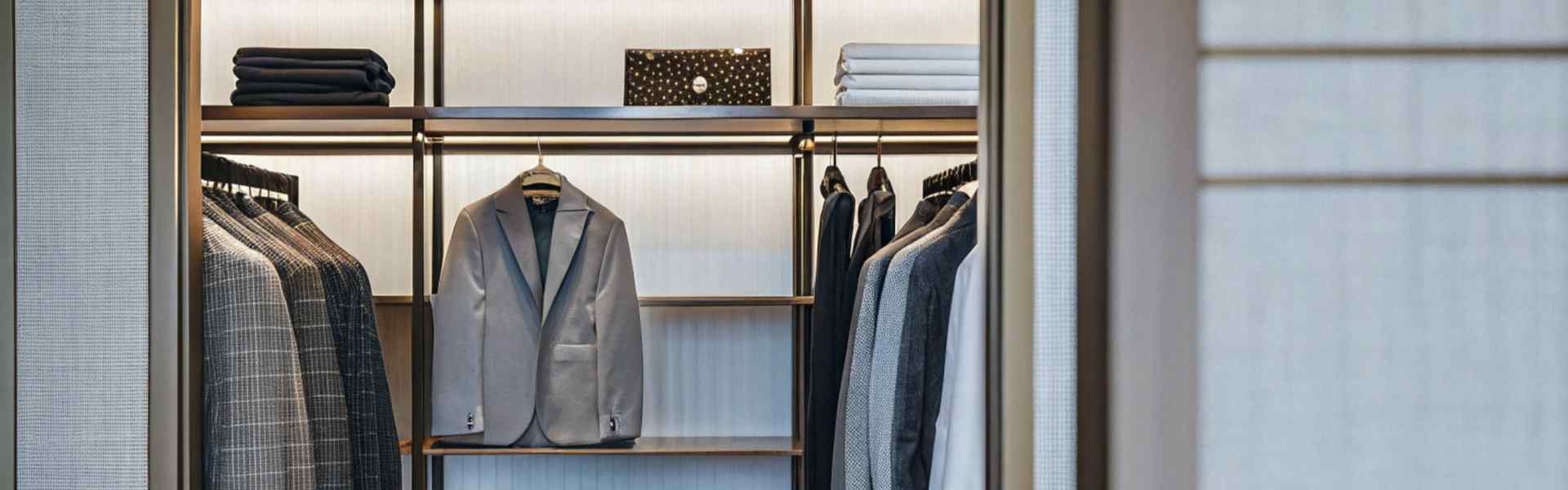 A neatly arranged wardrobe with suits, blazers, and accessories on wooden shelves under soft lighting.