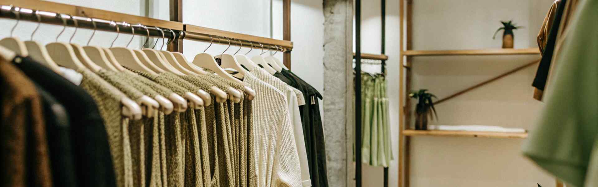 A clothing rack displaying beige and green knitwear in a minimalist boutique setting with wooden accents.