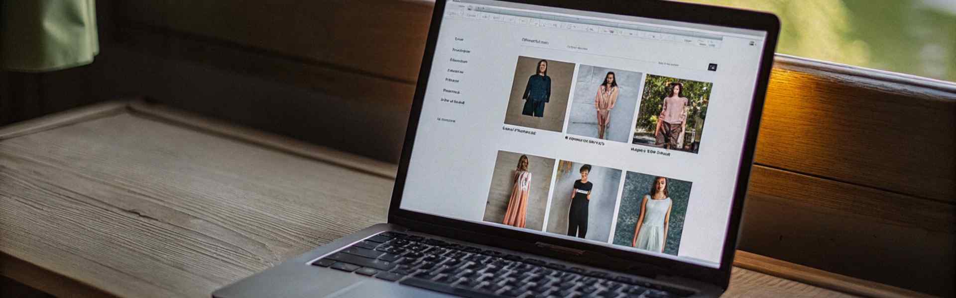 Laptop on a wooden desk showing clothing catalog near a window.