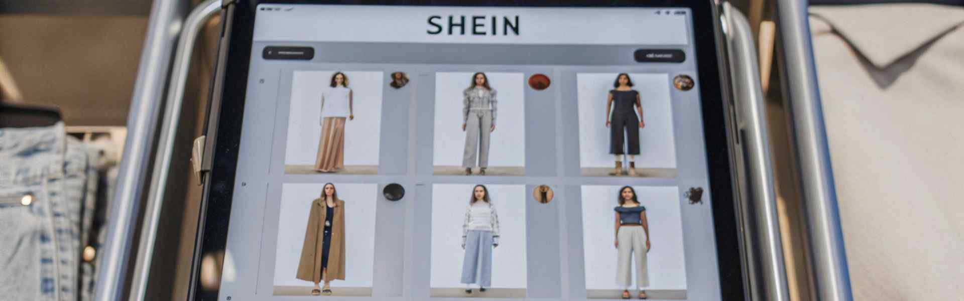 A tablet screen displaying a clothing catalog on the SHEIN website.