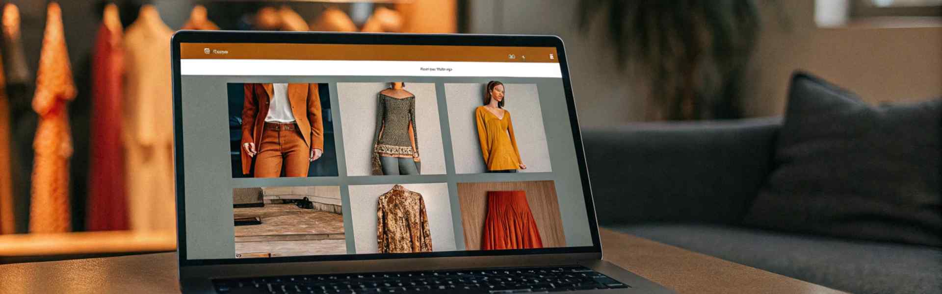 Laptop displaying a clothing catalog with warm-toned outfits in a cozy room.