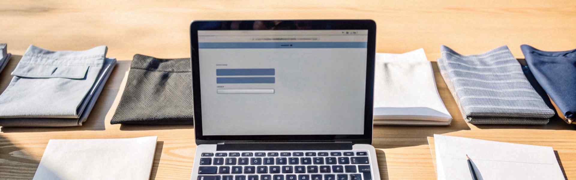 Hands typing on a laptop displaying "California Government" surrounded by fabric samples.