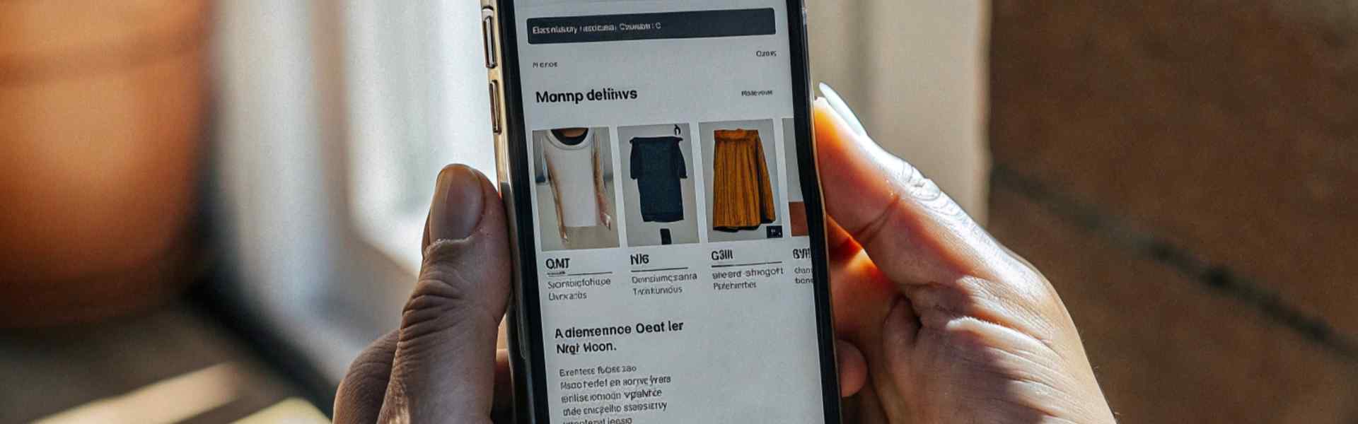 Hands holding a smartphone showing an online shopping app with clothing options.