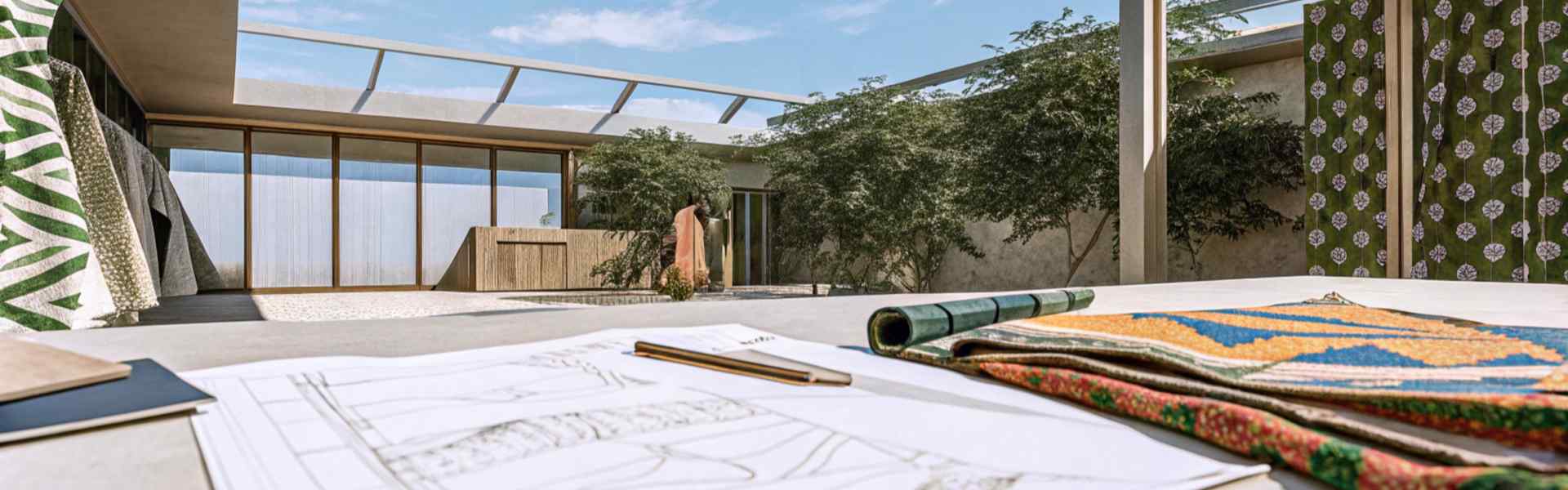 Outdoor workspace with fabric rolls, sketches, and a clear sky in a modern courtyard.