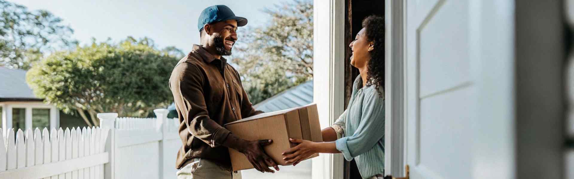 A delivery person handing a package to a smiling customer at their doorstep.