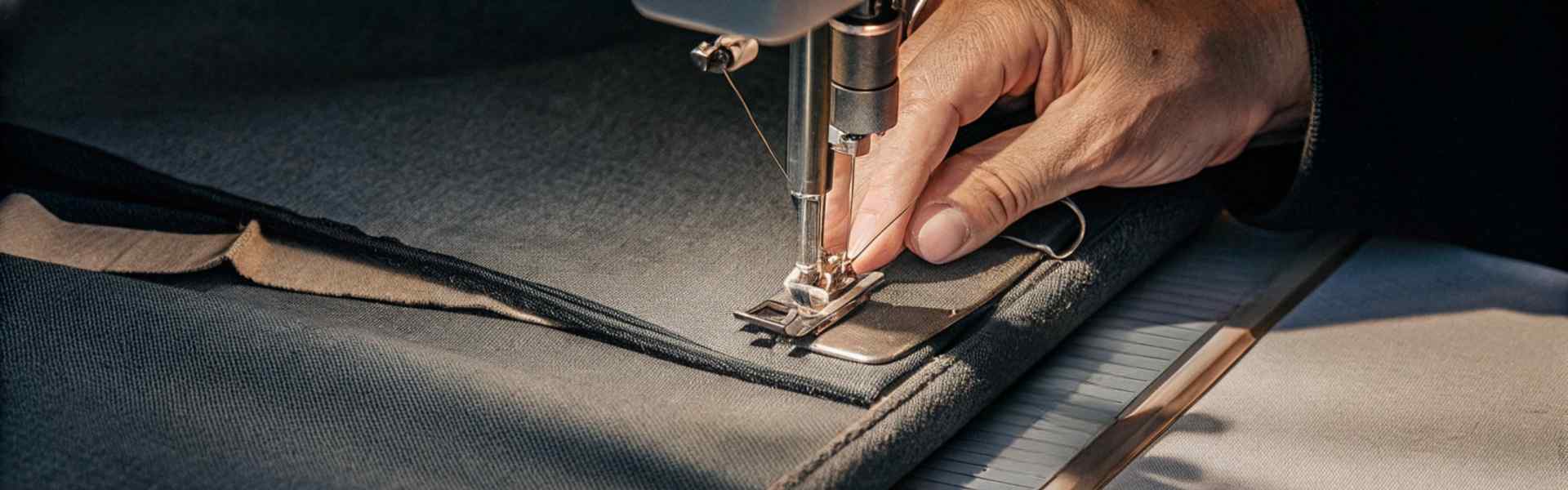 Close-up of hands using a sewing machine to stitch gray fabric layers.