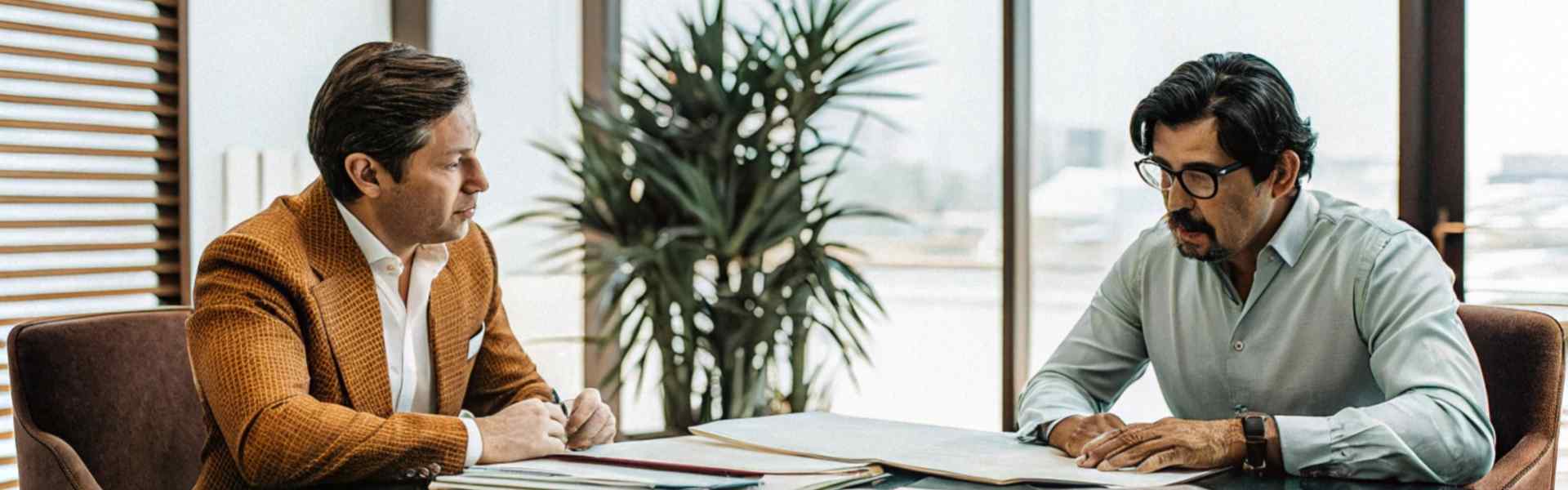 Two men reviewing fabric samples at a modern office table with large windows in the background.