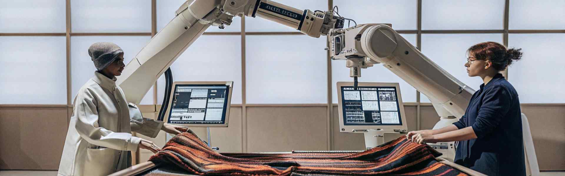 Two individuals operating robotic arms to inspect striped textile fabric.