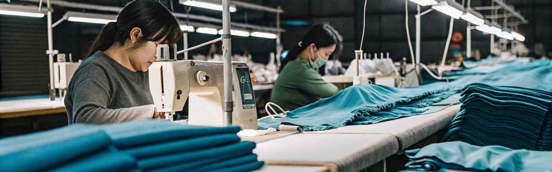 Workers sewing bright blue fabric in a well-lit garment factory.