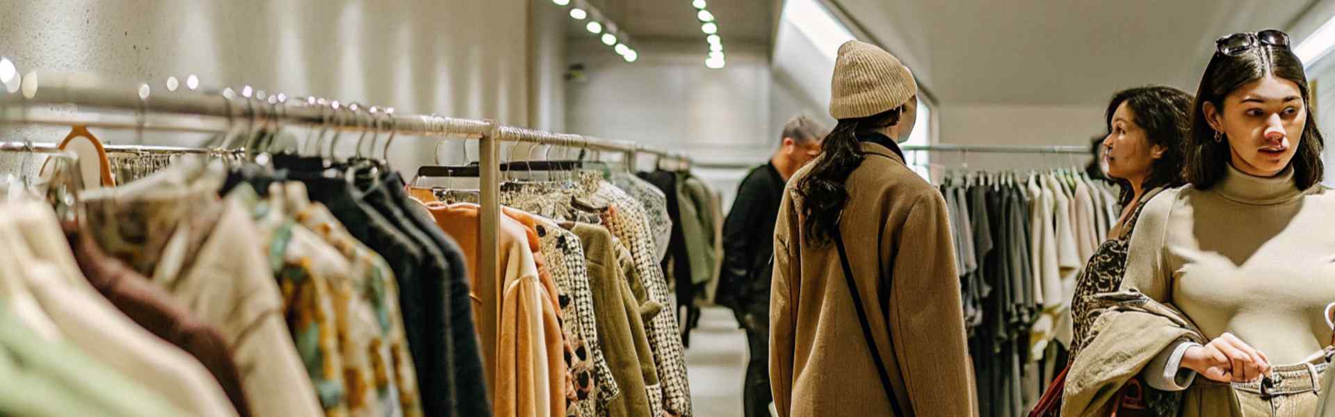 Customers browsing clothing racks in a modern boutique with neutral tones and overhead lighting.