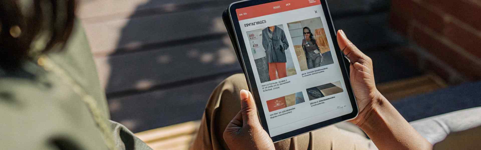 Person browsing clothing options on a tablet while sitting outdoors in the sunlight.