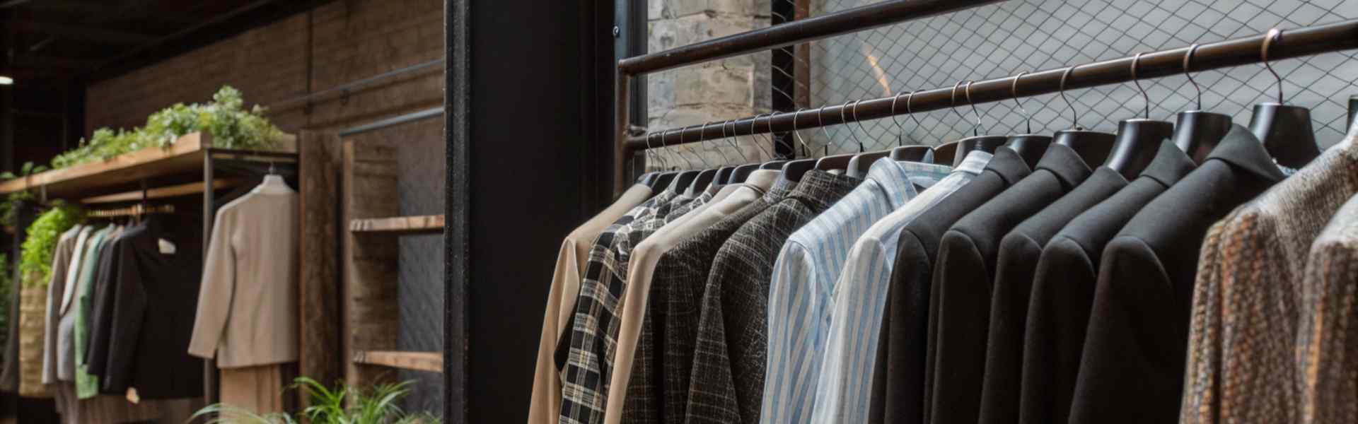 Eco-conscious clothing display with suits and greenery in a boutique.