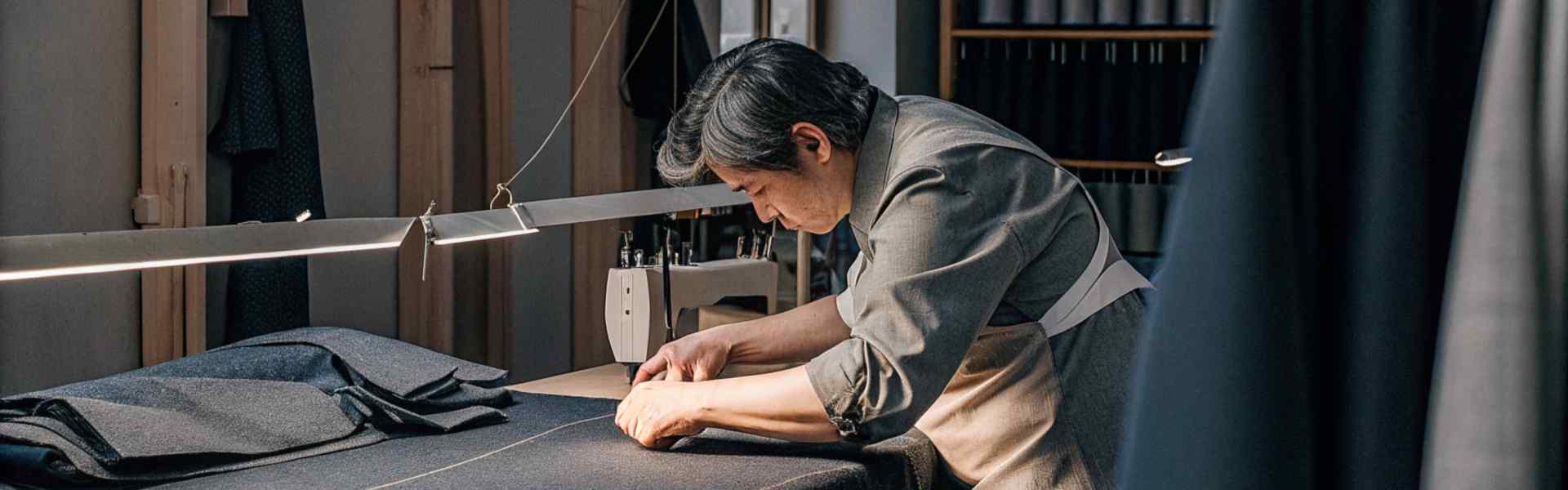 A tailor focuses intently on fabric preparation in a workshop with shelves of neatly arranged materials.