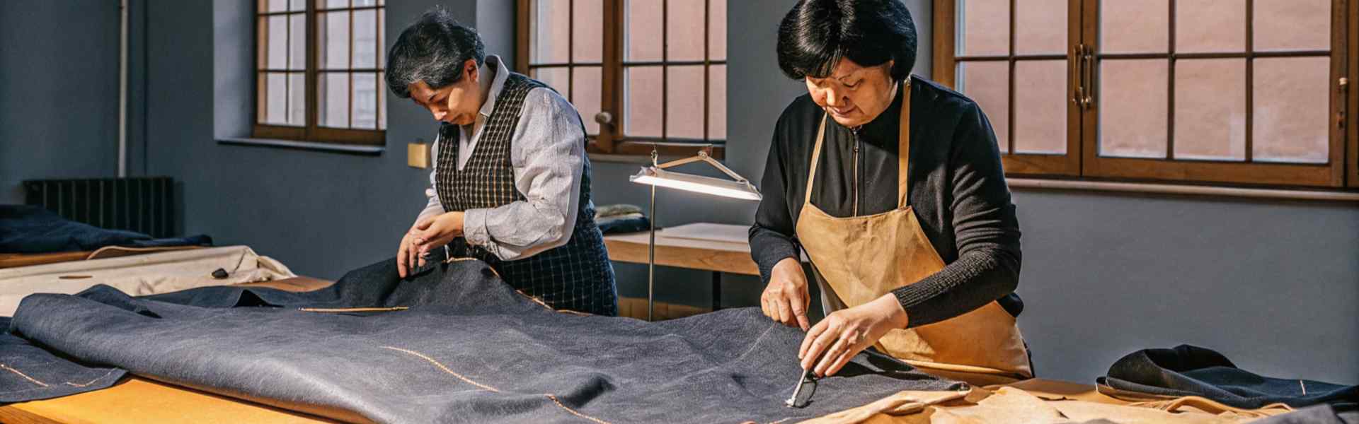 Two tailors carefully working on dark fabric in a workshop with large windows.