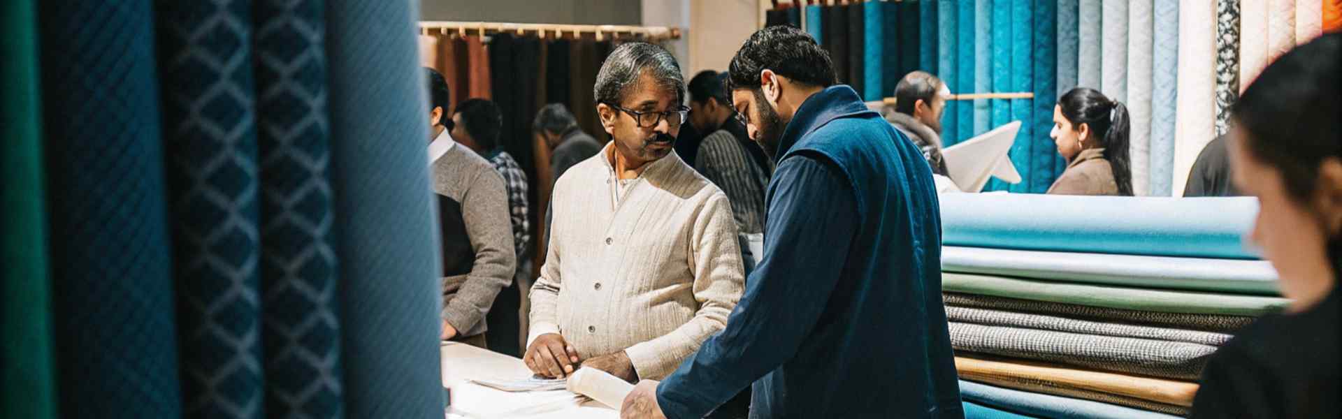 Customers examining fabric samples surrounded by colorful textile rolls in a well-lit store.